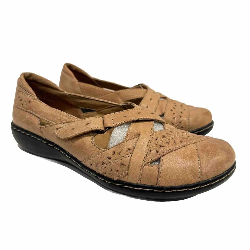 CLARKS Ashland Spin Q Fisherman Sandal Tan Leather Womens Comfort Shoes Size 10